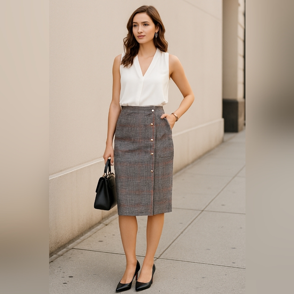 White‎ House Black Market Plaid Pencil Skirt Button Front Career Women's Size 0